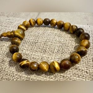 Tiger’s Eye Natural Stone Polished Beaded Bracelet with Elastic Fitting, Unisex